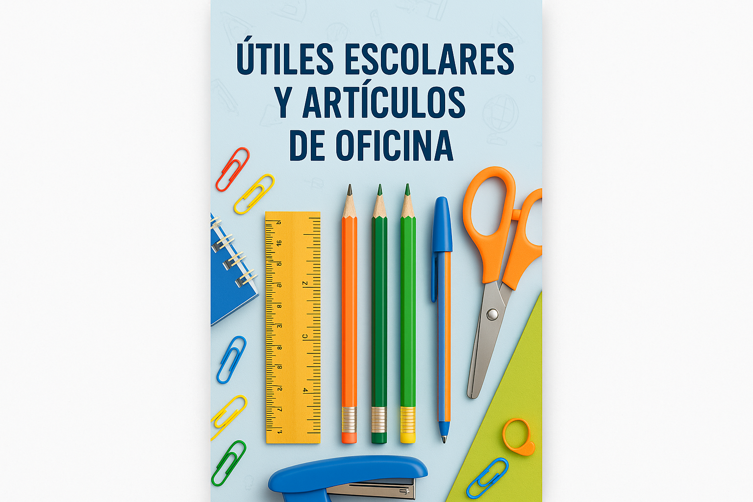 generar banner de la categoria de utiles escolares y articulos de oficina con texto en español de la medida de: 350px y 600px