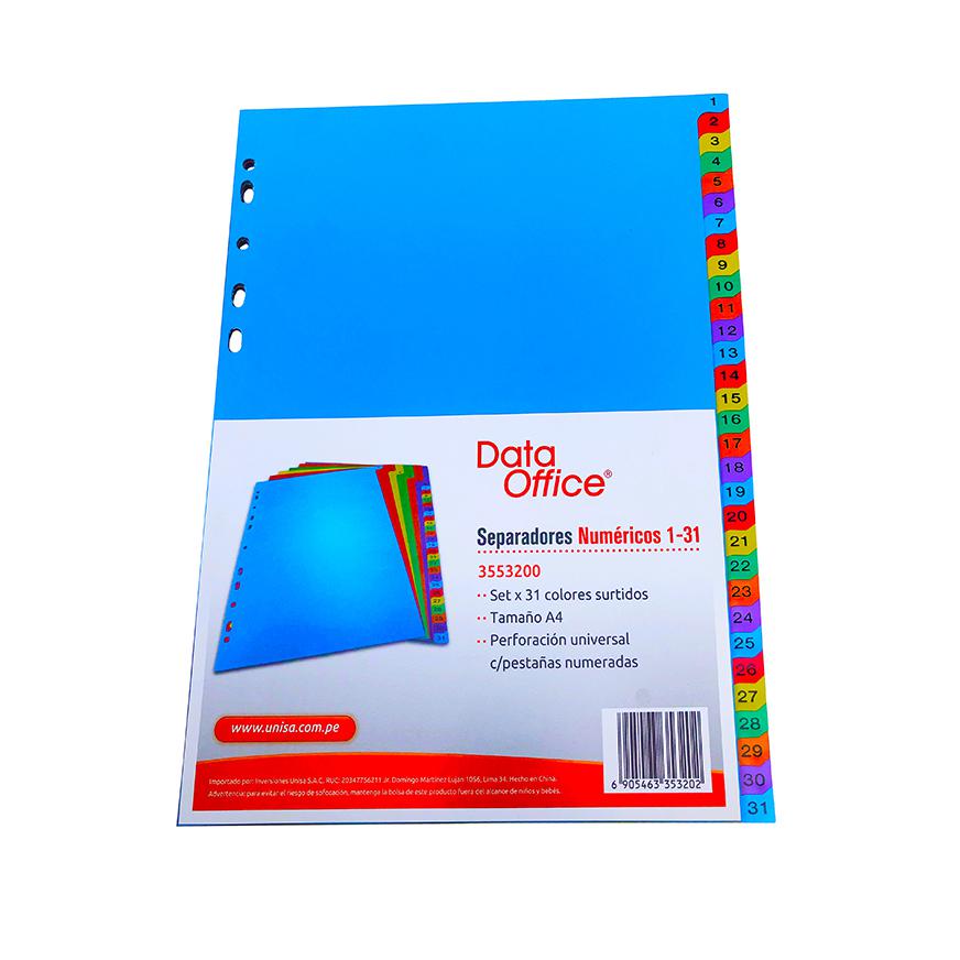 Separador Data Office A4 NÃƒÂºmerico 1 Al 31 Colores